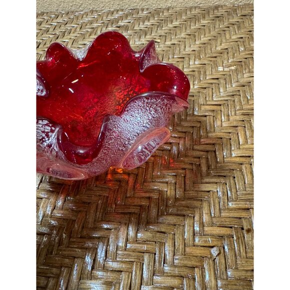 Vintage Murano Art Glass Bowl Folded Edge Silver Fleck Red MCM Dish 60s - Picture 6 of 9